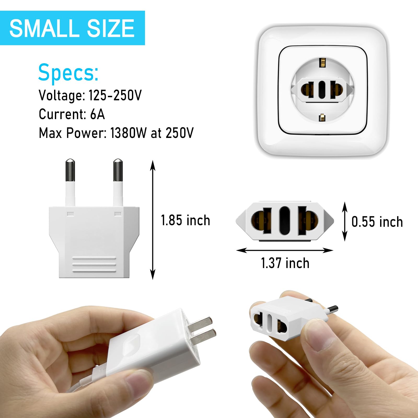 [6-Pack] European Travel Plug Adapter, US to Europe Plug Adapter, Type C Plug Adapter Travel Essentials to Most Europe EU Spain Italy France Germany