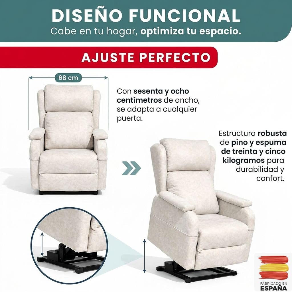 HOME&SOFAS SI | Sillón Relax Reclinable Eléctrico Levanta Personas | Modelo Mónaco | Sillón De 68 Cm De Ancho | Sillón Desenfundable con Reposapiés para Una Lectura Cómoda | Color Beige Claro