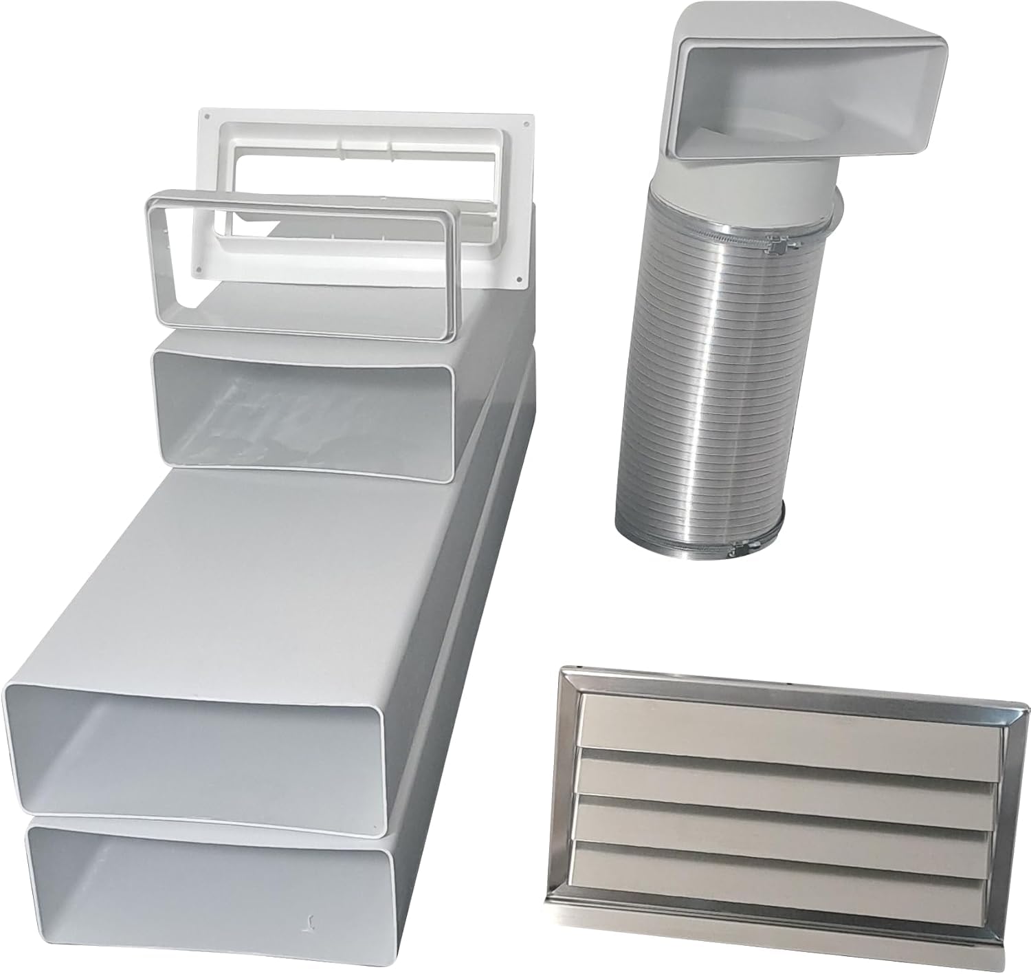 Flachkanal Set 220x90 mit Edelstahl Wetterschutzgitter S6-K-WSGEi220x90, runter zur Haube mit Aluflex (mit Insektenschutzgitter aus Edelstahl)
