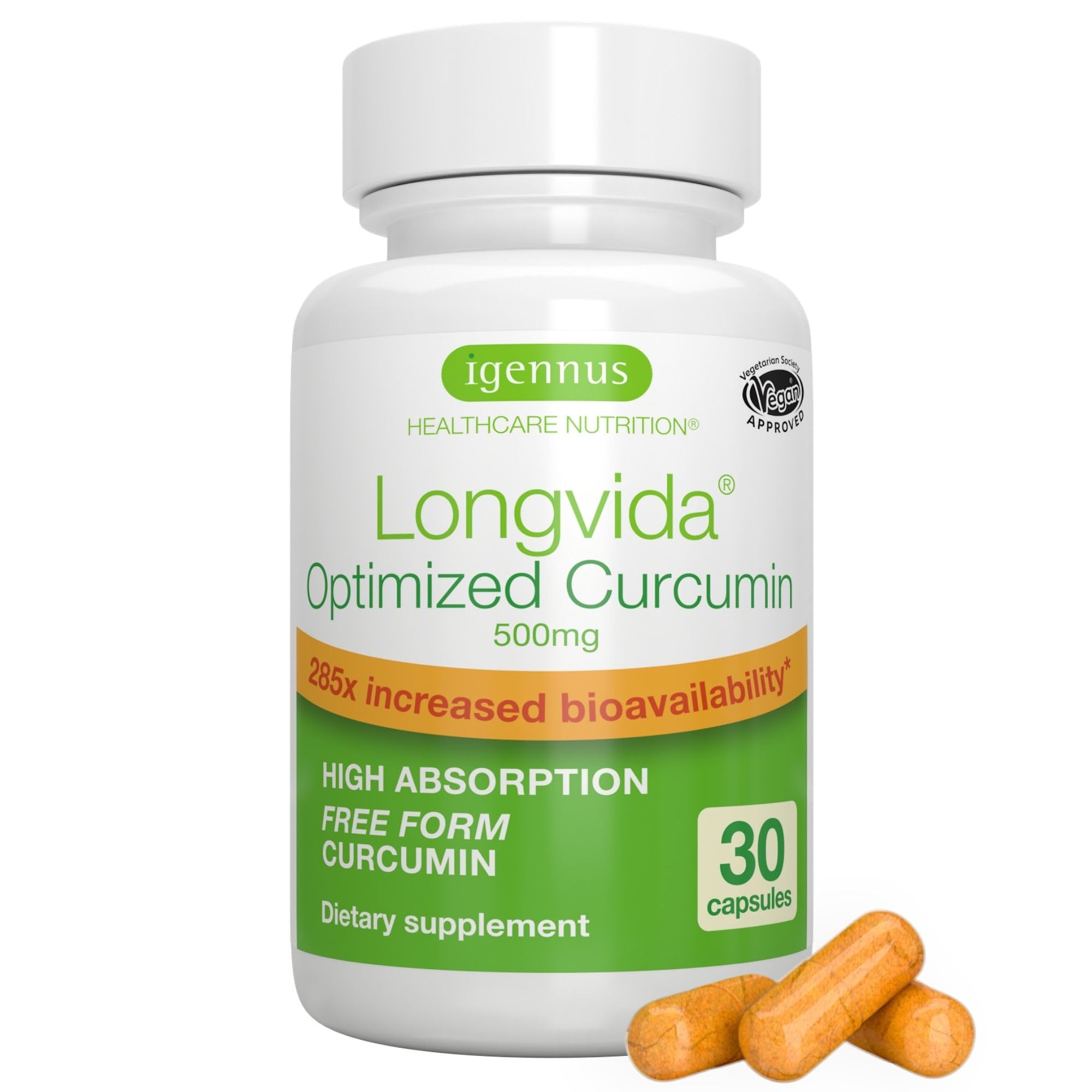 Longvida Lipidated Curcumin 500mg, Ultra Bioavailable & Sustained Action, 65x Higher Plasma Levels, Intensive Support, Free-Form Curcumin, Vegan, 30 Capsules,