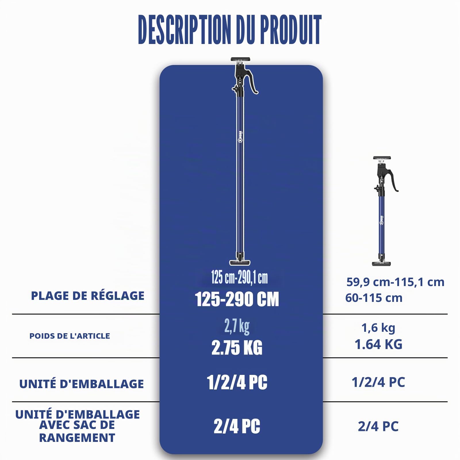 XINQIAO Outil Troisième Main, Système de Support 3ème Main, Tige de Support en Acier Premium avec Capacité de 70 KG pour Cric de Placard, Cric de Cloison Sèche, Longueur 125-290 CM, 4 Pièce