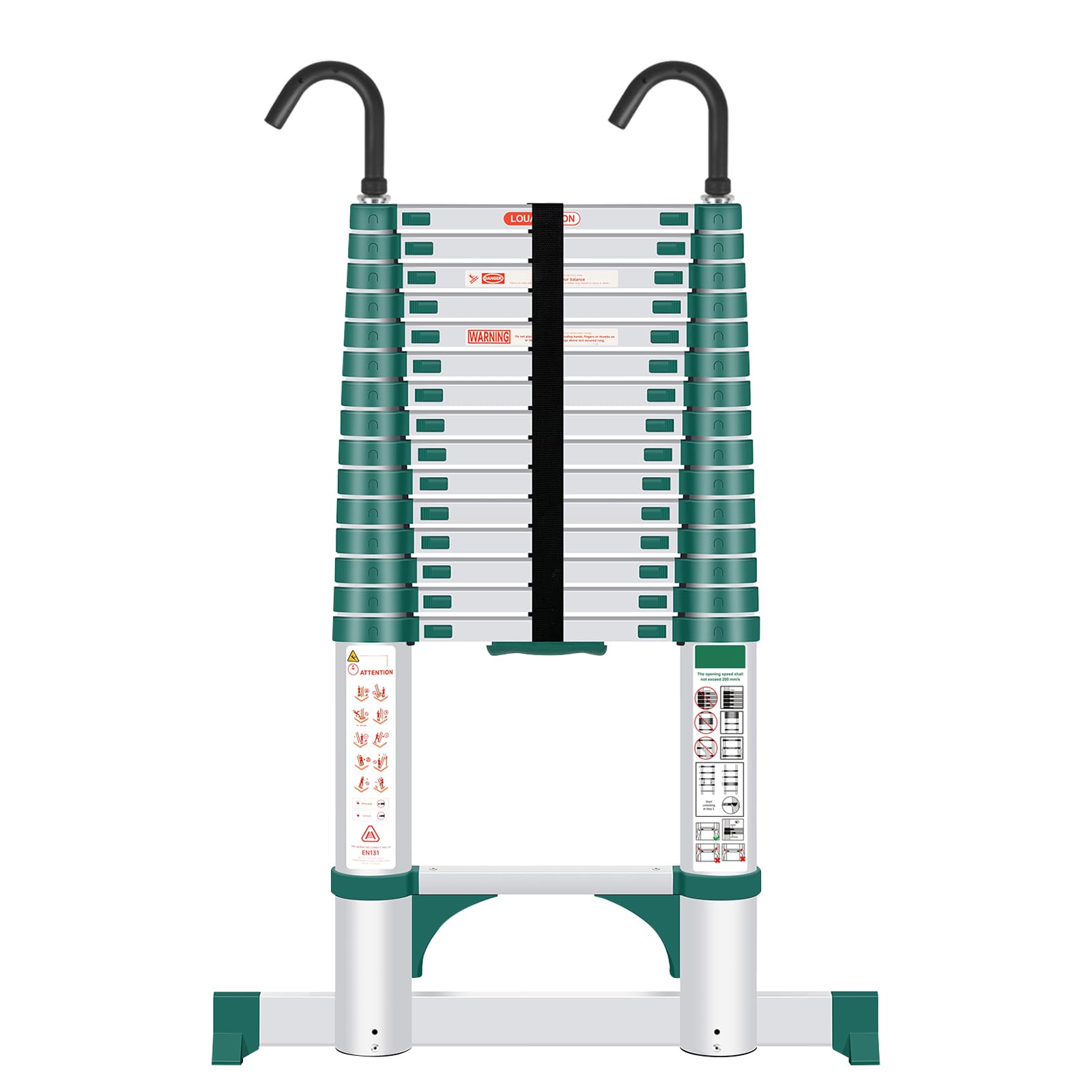 Escalera telescópica de aluminio de 4,7 m - De alta calidad, extensible, con estabilizador y ganchos desmontables, antideslizante, plegable, escalera de pie, escalera doméstica multiusos