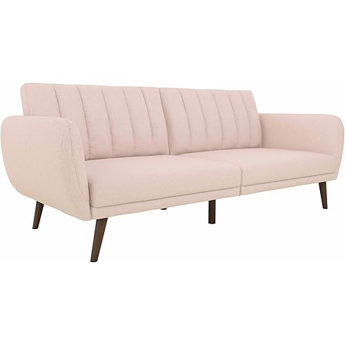 Novogratz Brittany 82 Inch Futon Sofa Bed in Faux Leather, Upholstered Couch Sleeper with Tufted Back, Mid-Century Modern Design, Pink