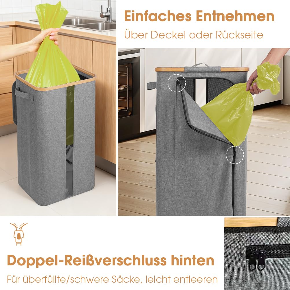 OUSFOT Gelber Sack Ständer 100L, Gelber Sack Mülleimer Integrierte 4 Clips Doppelgriffe Reißverschlussdesign auf der Rückseite Grau, für Wohnzimmer, Küche 【Keine Innentasche】