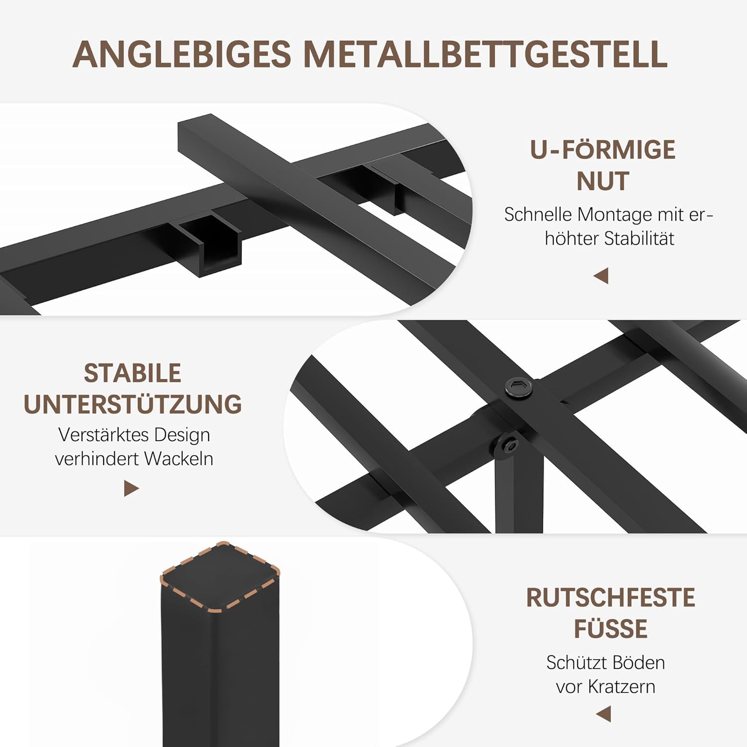 VECELO Bettgestell 140 x 200 cm Metallbett mit Dick Holzkopfteil, Bett Bettrahmen Doppelbett mit Lattenrost, Jugendbett Gästebett, Viel Stauraum unter dem Bett, perfekt für Schlafzimmer, Braun