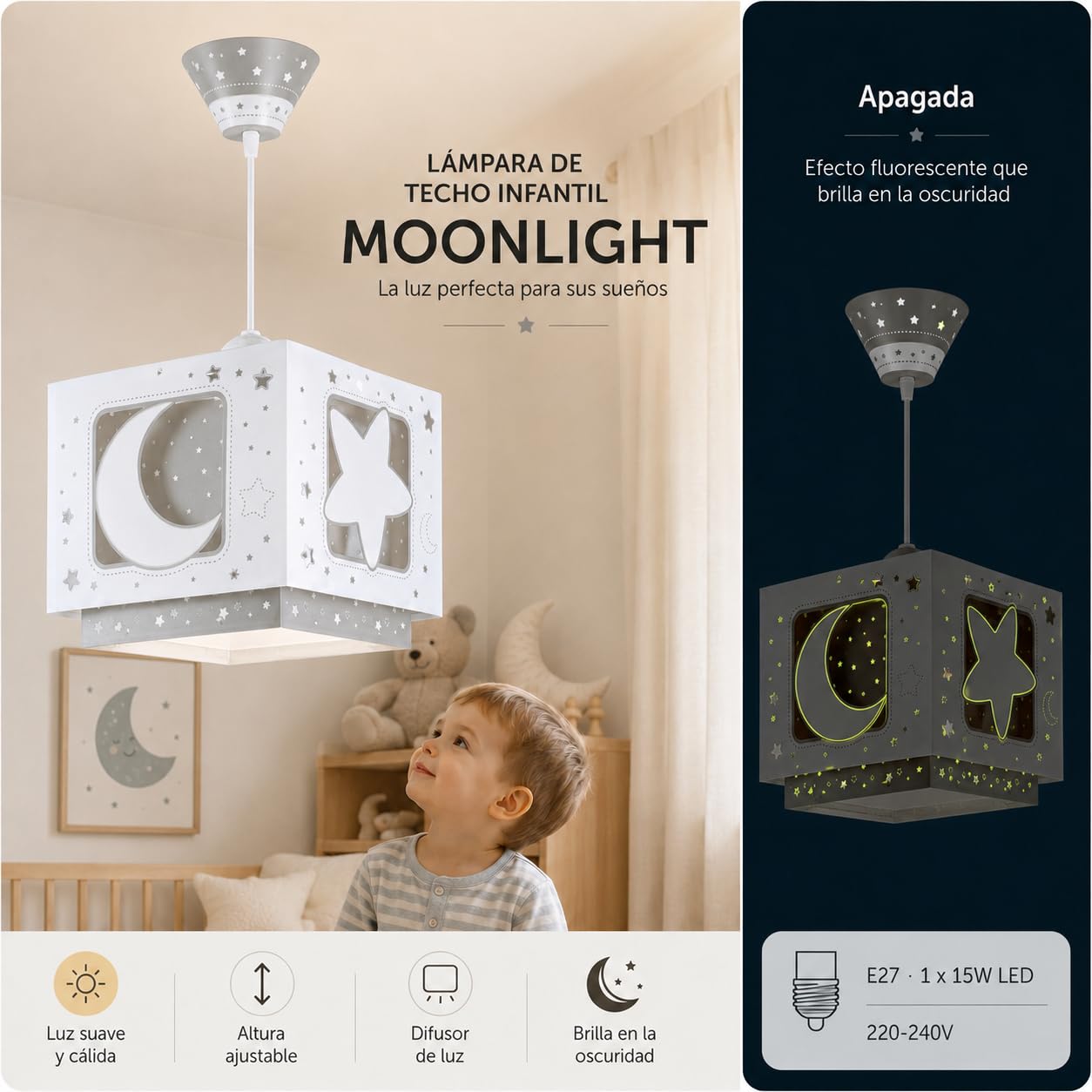 Dalber Lámpara Techo Colgante Infantil Luna y Estrellas Gris 63232ME | Incluye difusor de luz inferior extraible; Habitación niños; lámparas infantiles; Moonlight