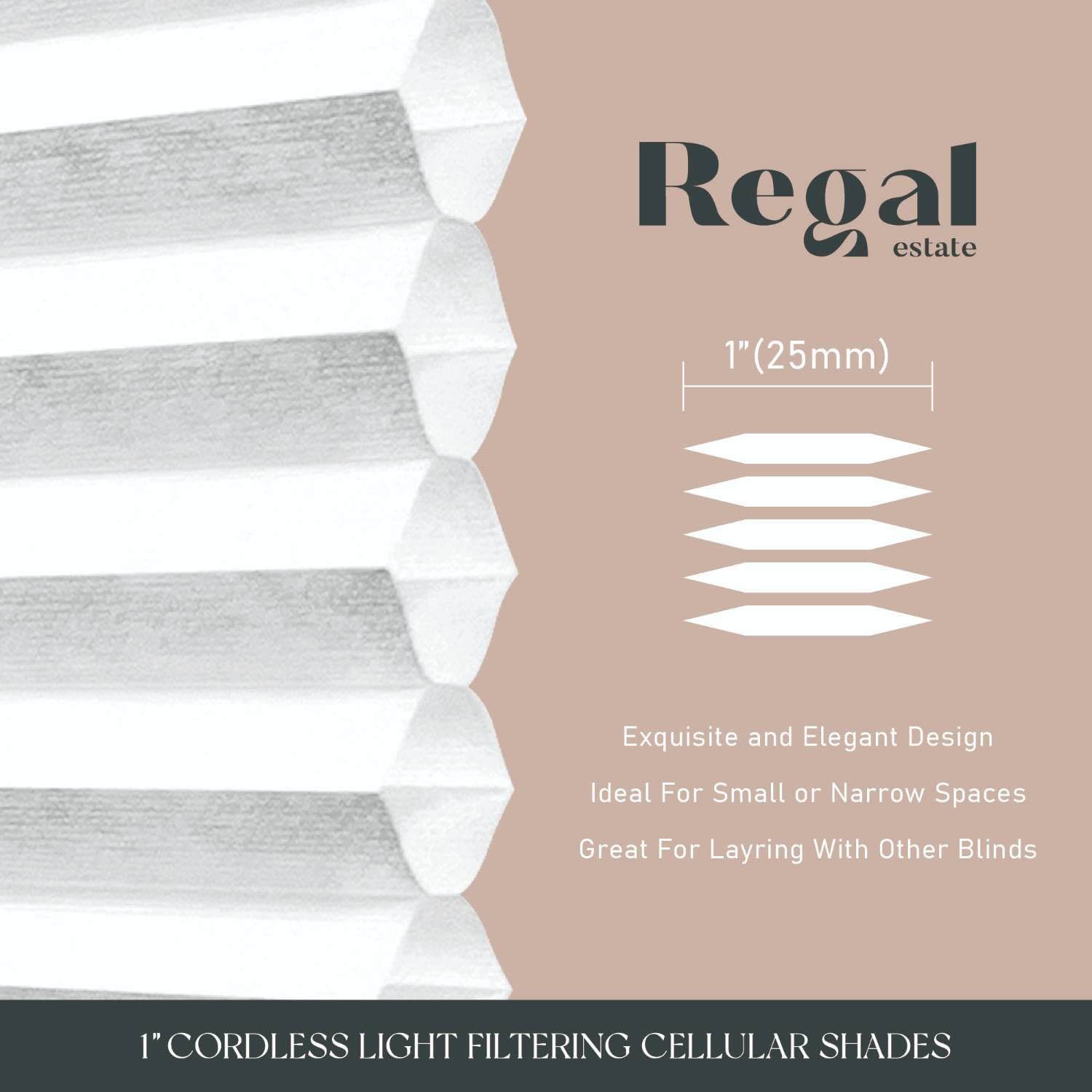 REGAL estate QuickInsta PeelMount No Drill No Tools Cordless 1" Light Filtering Cellular Shade, 34" W x 64" H, White