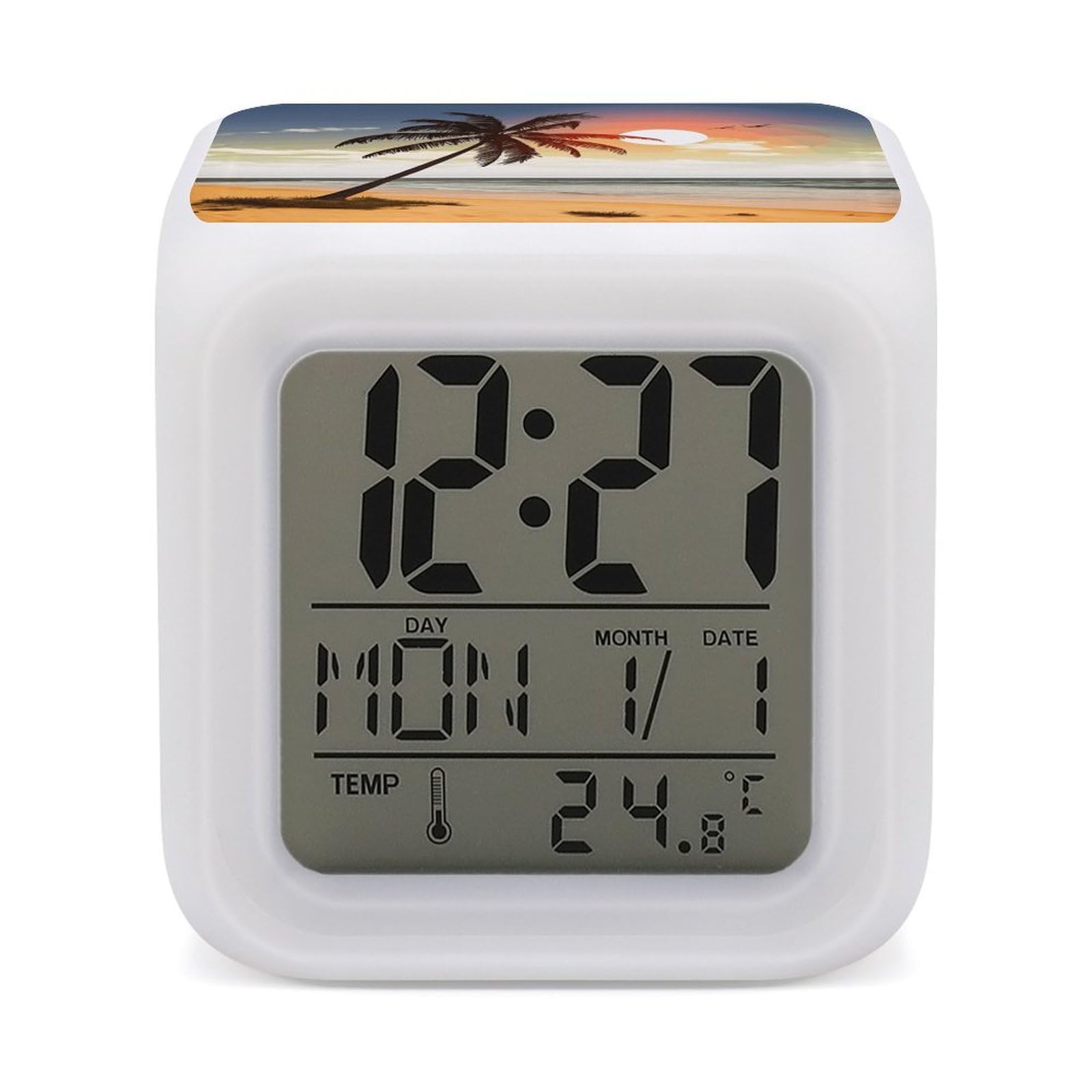 JTREHY Palm Tree on Beach Alarm Clock Digital Dimmable Clock for Bedroom LED Display Screen Mini Clocks 7 Color Dimmable Night Lights Time-to-Rise Alarm Clocks for Office Living Room