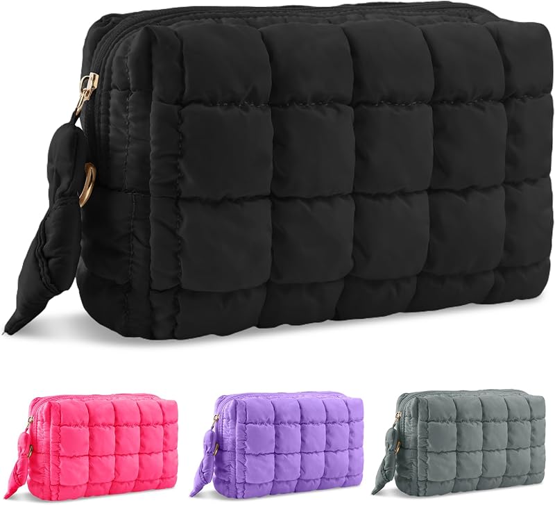 Necessaire de maquiagem acolchoada UIXIZQ com zíper, preta, tamanho M