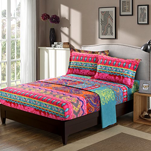 LELVA Queen 4 Piece Bohemian Bed Sheet Set 100% Cotton - Fitted Sheet, Top Flat Sheet and 2 Pillowcases Soft and Breathable