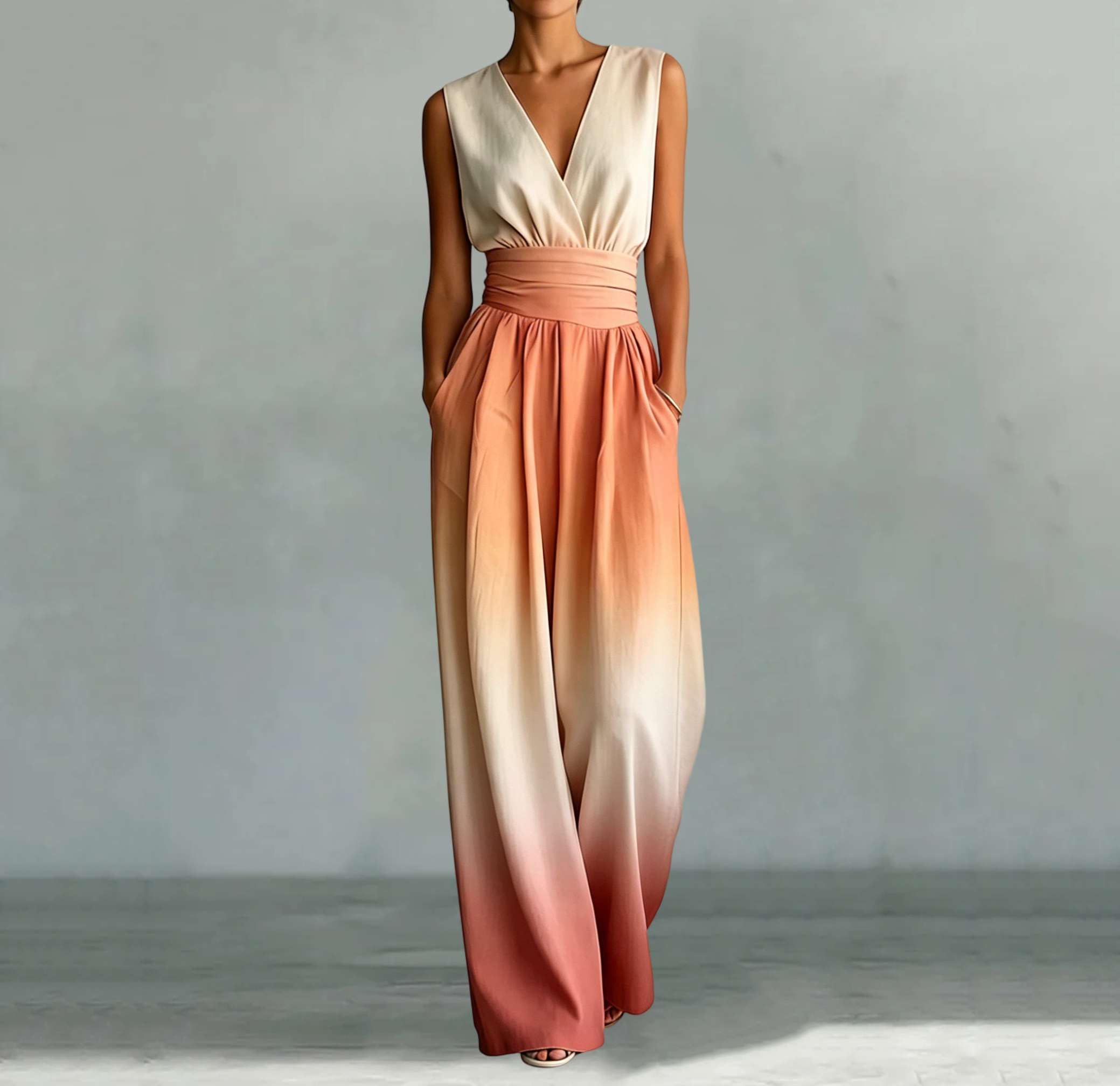 Generico Tuta Elegante Donna-Curvy V Neck Jumpsuit Boho Chic Tute da Cerimonia Vita Alta Casual Pantaloni Lunghi Fluida Maniche Lunghe Salopette Morbida Leggera Summer Outfit con Tasche