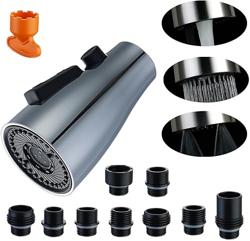 longcheer Cabezal de grifo de cocina extraíble de repuesto con 9 adaptadores, cabezal rociador de grifo de cocina de 3 funciones, boquilla rociadora