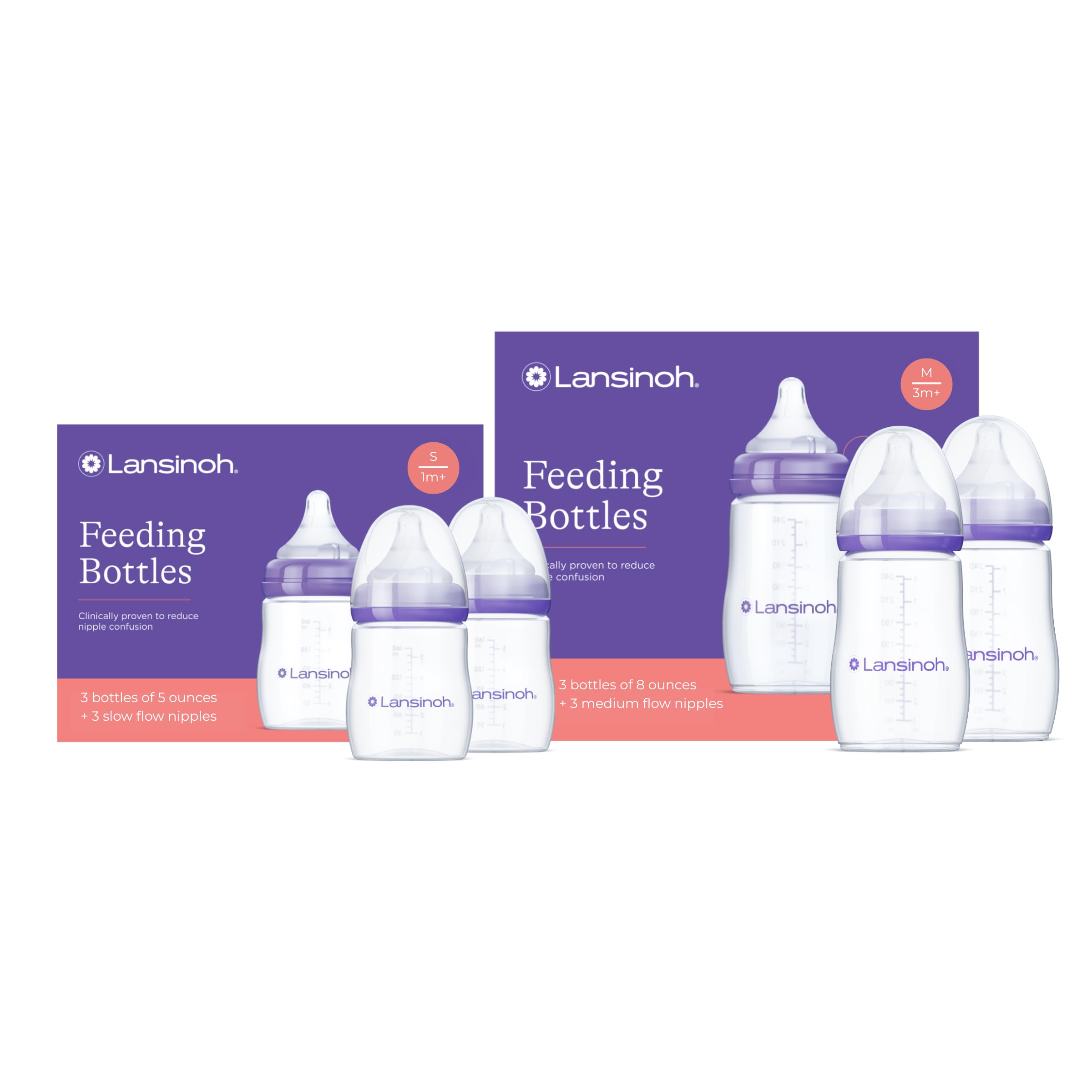 Set de regalo para recién nacidos Lansinoh NaturalWave: 3 biberones anticólicos de 5 oz con tetinas de flujo S y 3 biberones para lactancia materna de 8 oz con tetinas de flujo M (paquete de 6)