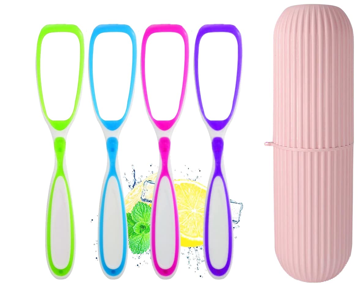 Pack of 4 Tongue Cleaner with capsule holder for Travel, portable capsule shaped tooth brush, tooth paste storage plastic case, flexible design for health scrapper Oral care tool (Plastic)
