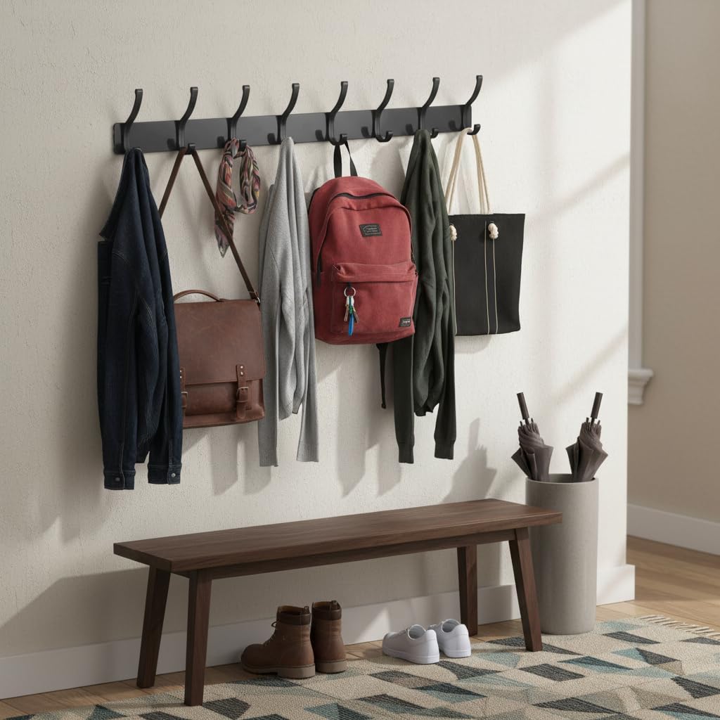 Coat Rack Wall Mount, 2 Pack Coat Hooks Hanger Wall Double Hook Rack Rail Towel Hat Rack Entryway Bathroom Hanger Organizer for Robes, Clothes, Bags, Hat(Black) - Image 7