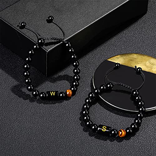 Fltsf.h Initial Bracelets For Men Letter Link Handmade 8Mm Natural Black Onyx Tiger Eye Stone Beads Braided Rope Meaningful Bracelet Father's Day Gift #TOP2