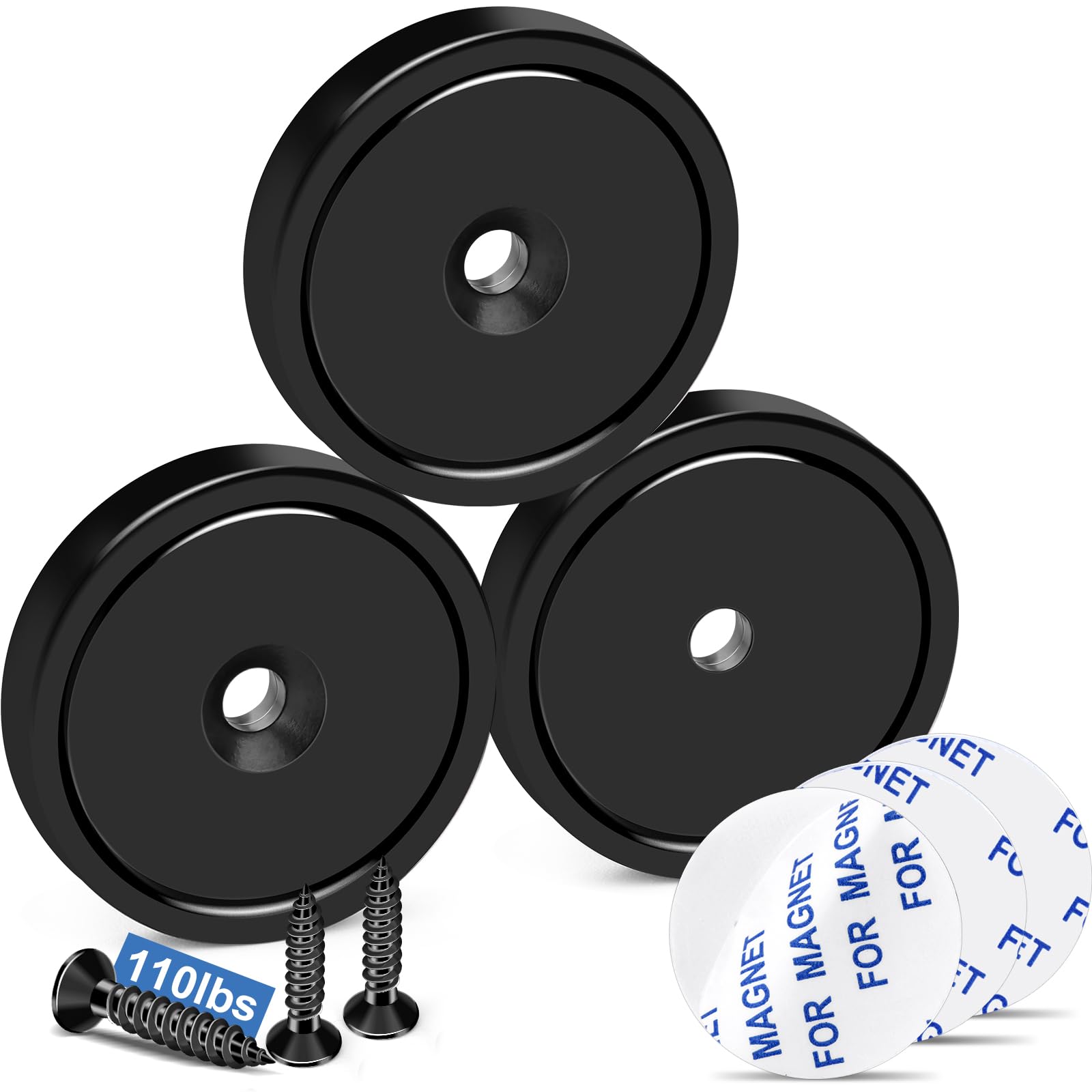 TRYMAG 3 Pack Black Rare Earth Magnets with Adhesive Backing, 110lbs＋Strong Neodymium Cup Magnets with Holes Come with Screws for Wall Mounting, Industrial Strong Magnet for Holding Tools Lifting