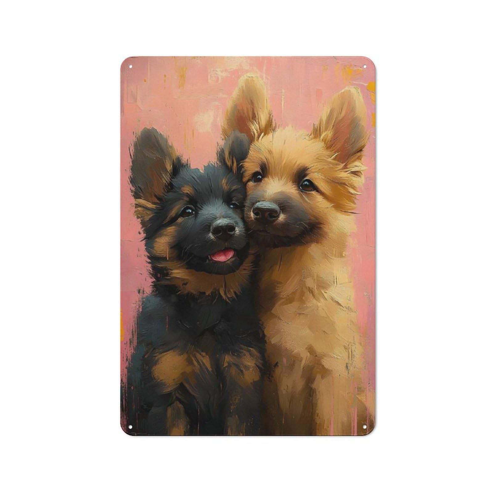 Classic Metal Wall Plaque 30x20cm Featuring Two German Shepherd Puppies, Creative Space Decor for Workspace, Cafe, Shop Or Desk Area