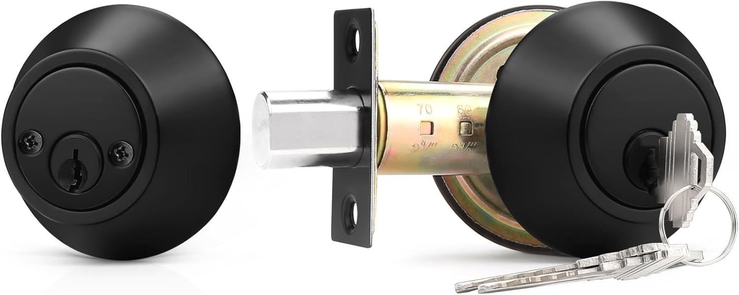 Probrico 1 Pack Black Double Cylinder Deadbolt Lock Set, Round Keyed Both Side Door Lock for Exterior and Interior Door