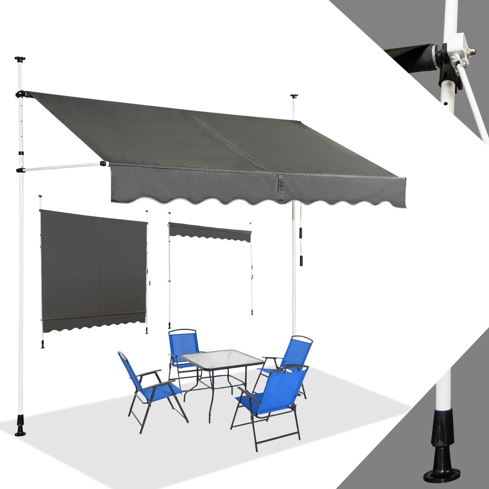 RELAX4LIFE Store Banne Manuel sans Perçage, Auvent Balcon Rétractable avec Manivelle, Tissu Oxford Anti-UV Imperméable, Hauteur Réglable 2-3 M, Store Banne pour Porte Fenêtre (Gris, 250 X 125 cm)