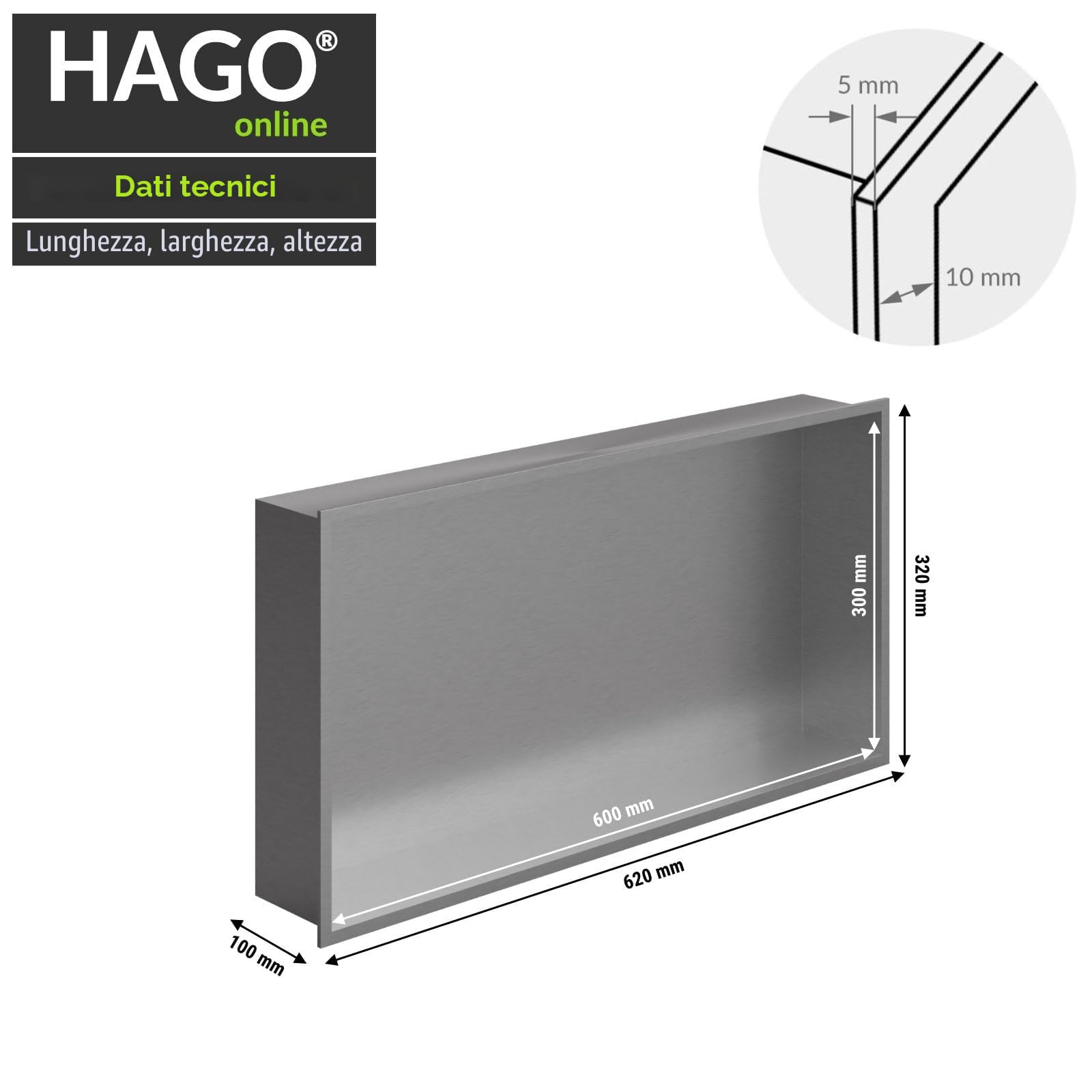 Cuccia per doccia in acciaio inox spazzolato 60x30 cm montaggio a incasso