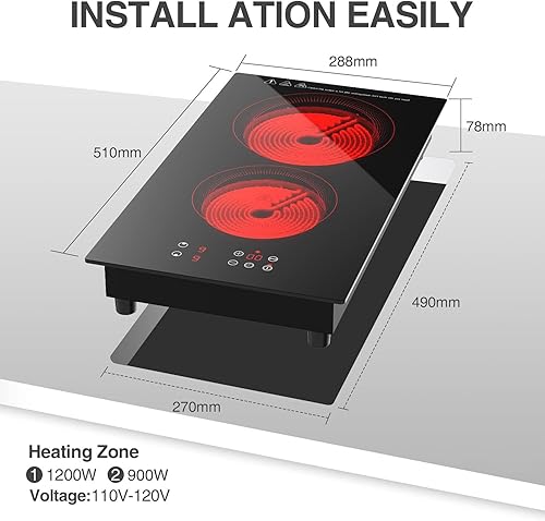 Miniatura 3 de Placa eléctrica portátil, placa de cocción de 2 quemadores, enchufe de 110 V120 V, estufa infrarroja para cocinar, control táctil LED, temporizador