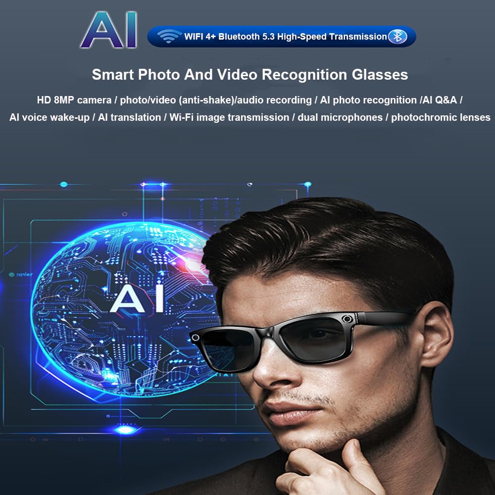 Gafas Antiluz Azul Para Hombre Y Mujer,Con Cámara De 8Mp,Eis,Cambio De Color Automático,Transmisión Wifi,Reconocimiento De Fotos,Conversación Inteligente,Para Viajes,Trabajo,Exteriores Silver