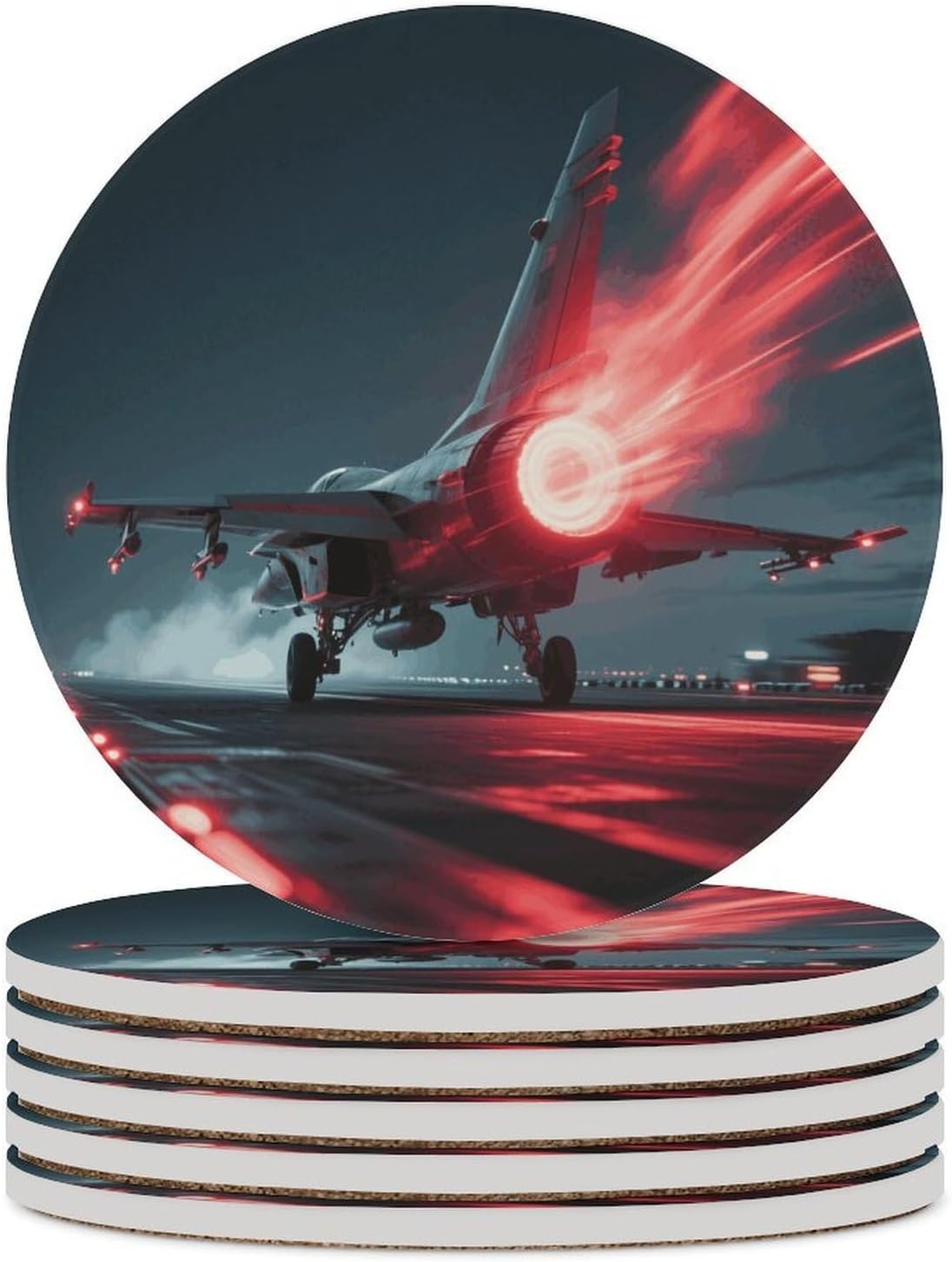 6PCS Red Flame Fighter Coasters Non-Slip Round Drink Coasters with Ceramic Stone and Cork Base, Heat Resistant Absorbent 33.00Stone Coaster Set for Kinds of Mugs and Cups, 4 Inch