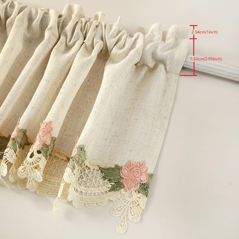Floral Embroidered Lace Curtain Valance, 52"x24" Rod Pocket Window Valance for Kitchen Bedroom Farmhouse Decor
