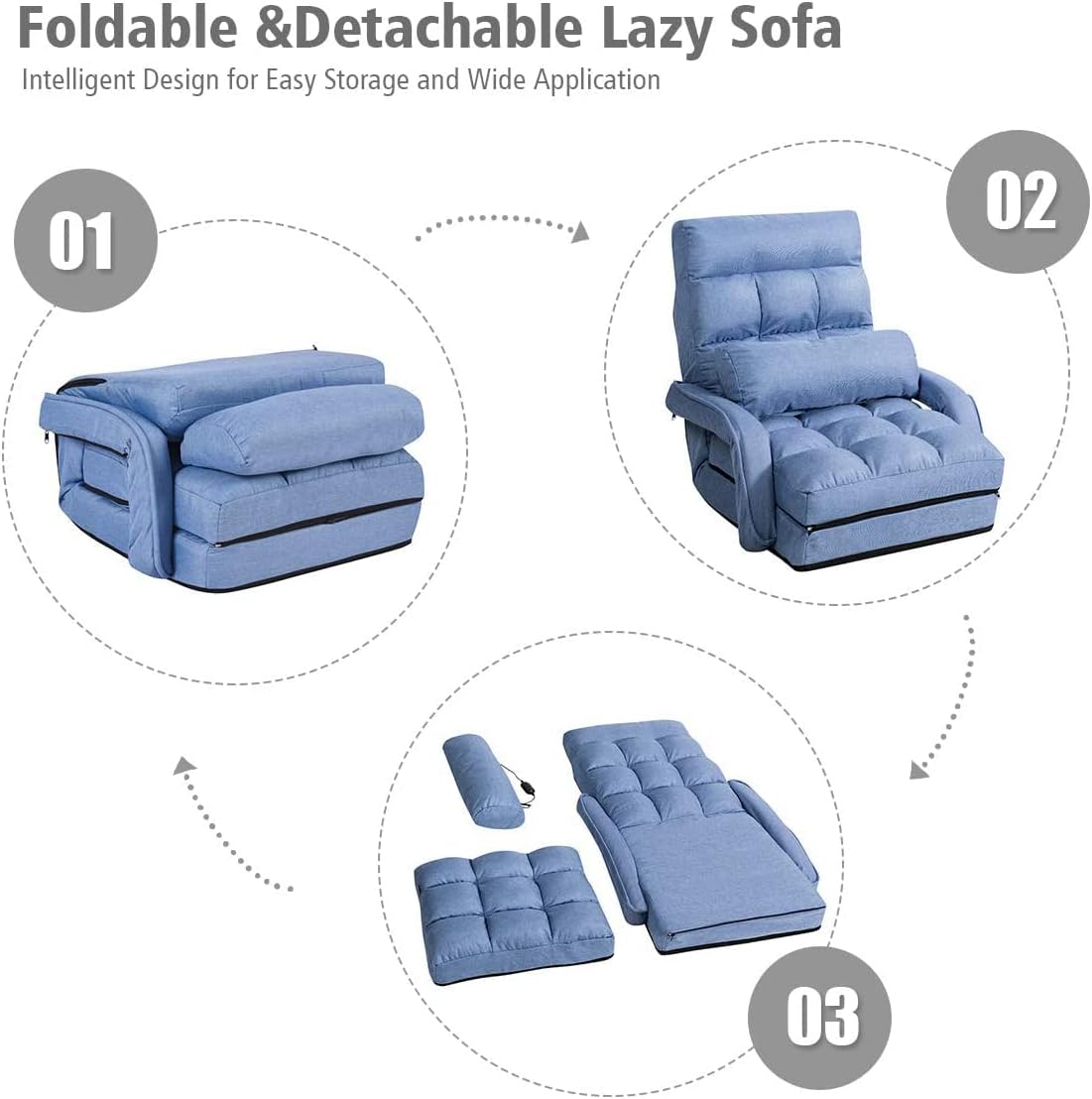 LUARANE Adjustable Massage Floor Sofa Chair, Foldable Lazy Sofa with 5-Position Adjustable Backrest Lumbar Pillow Armrests, Indoor Lounger Bed for Bedroom Living Room (Blue)