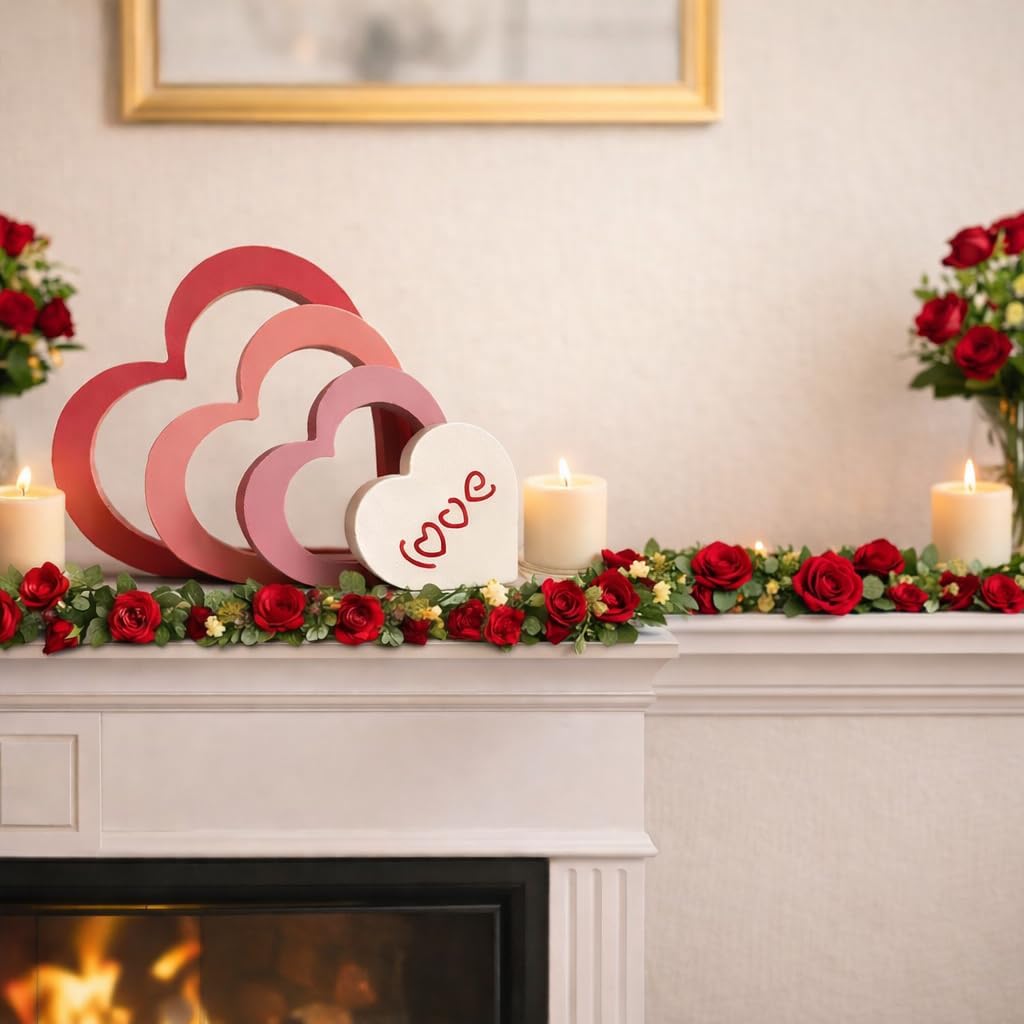 Valentine Heart Wood Decoration Set for Home & Wedding - 4 pcs Wooden Freestanding Signs for Tiered Tray, Mantel, Shelf. Rustic Famhouse Eco-Friendly Table Centerpiece