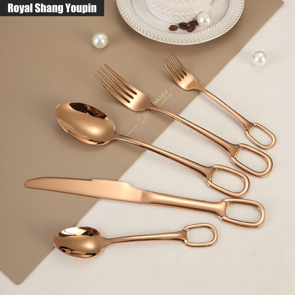 Cucina Circolare Appeso Foro Manico Acciaio Inox Argenteria Stoviglie Posate Set Bistecca Coltello Forchetta Cucchiaio Tè (Oro rosa,12 pezzi)