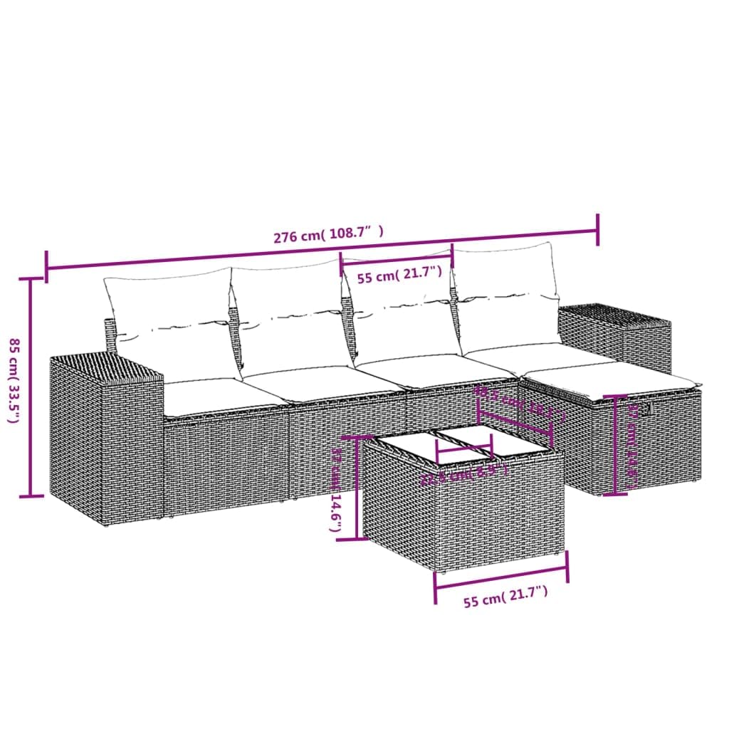 Juego de 6 sofás de jardín de polirratán marrón, modular con mesa de cristal y espacio de almacenamiento, incluye cojines de asiento y cojines de respaldo para terraza y exterior