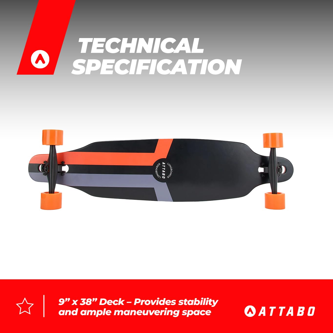 ATTABO Longboard Flowrider Noir Planche Bois d'érable 9 x 38 7 essieux Aluminium Roulement ABEC-7 Roues 78A 70 x 51 mm