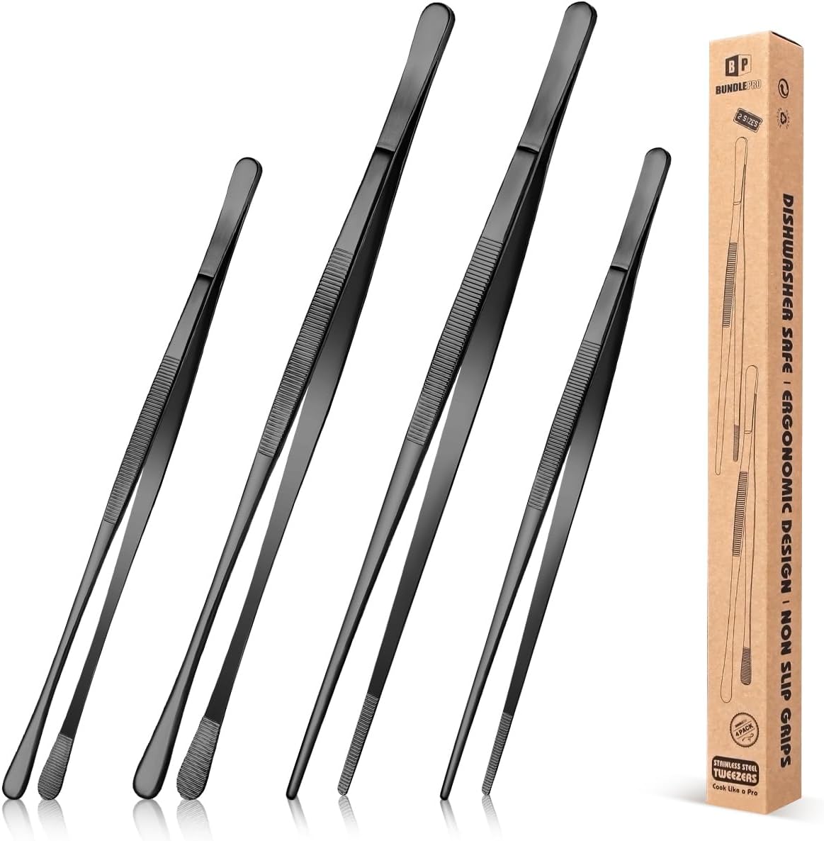 - 4 Pcs Fine Long Tweezer Tongs Professional Black, 12'' and 10'' Stainless Steel for Kitchen, Food, Cooking, Repairing, Sea food and BBQ