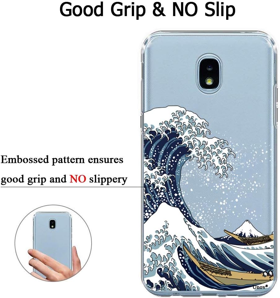 Unov Case Clear with Design for Galaxy J3 2018 Slim Protective Soft TPU Bumper Embossed Pattern Cover Galaxy J3 Achieve J3 Star Express Prime 3 J3 V 3rd (Great Wave)