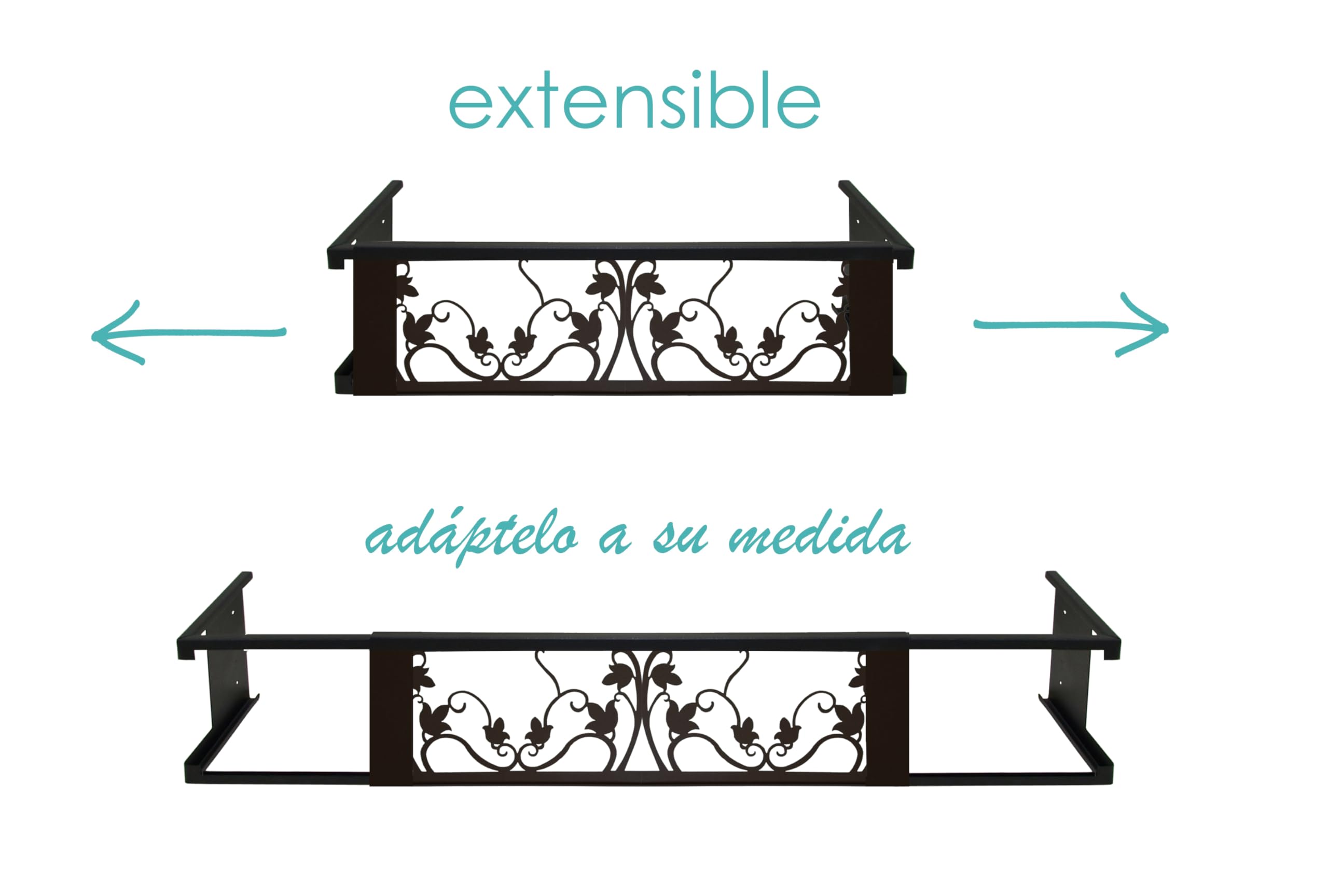 Balconcillo para Macetas, Balconcillo para Plantas, Portamacetas Ventana, Protector de macetas, Modelo Floral Extensible 60-100 cm, Negro Forja