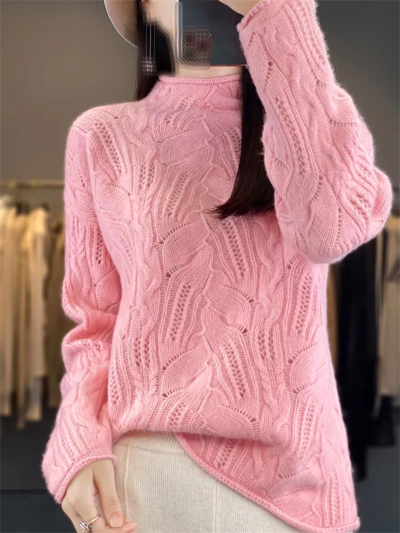 Dninmim Suéter de lana de manga larga con cuello alto para mujer, suéter de punto hueco