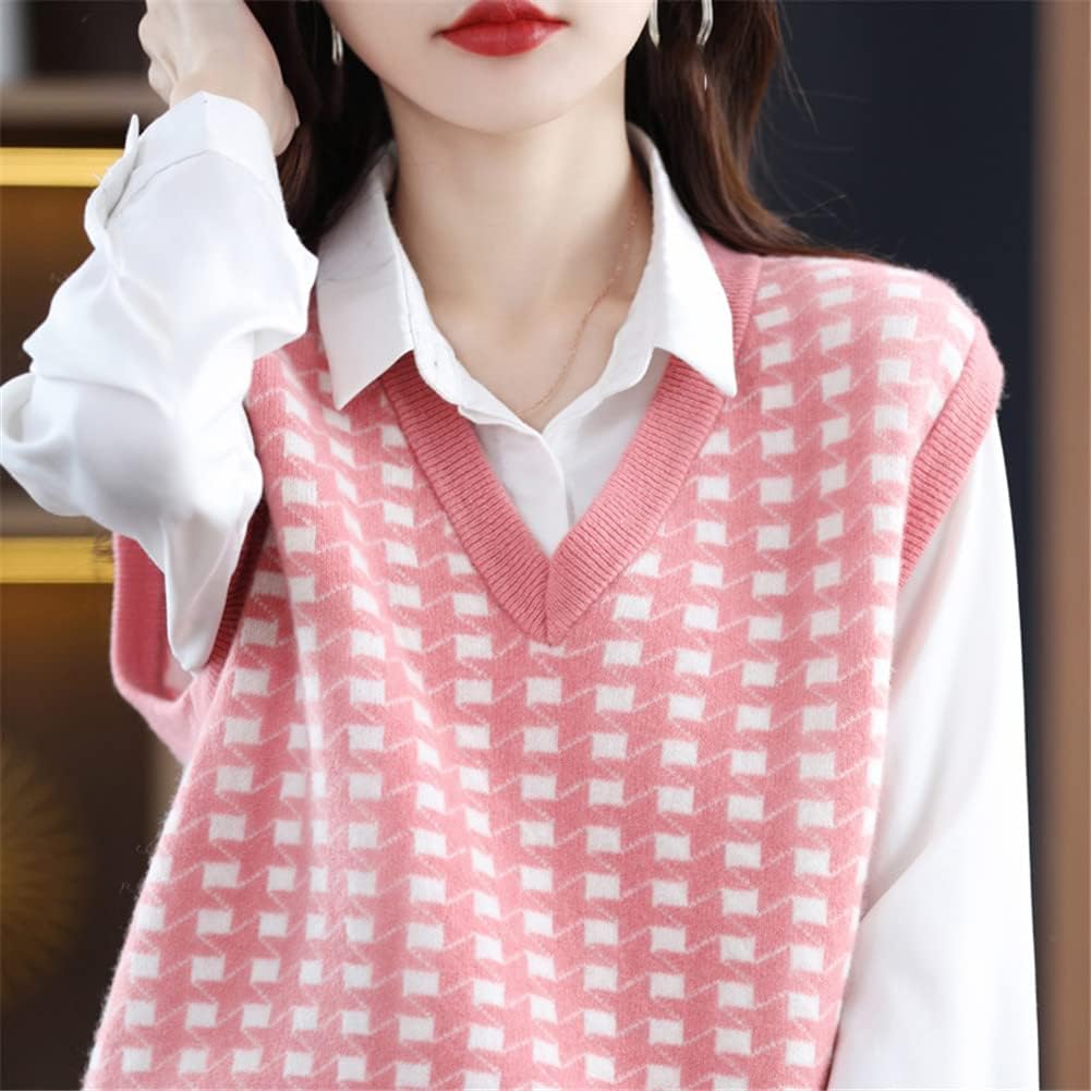 レディース 100% ウール ベスト コート チェック柄 ニット Vネック ノースリーブ プルオーバー セーター (ブルー XL)