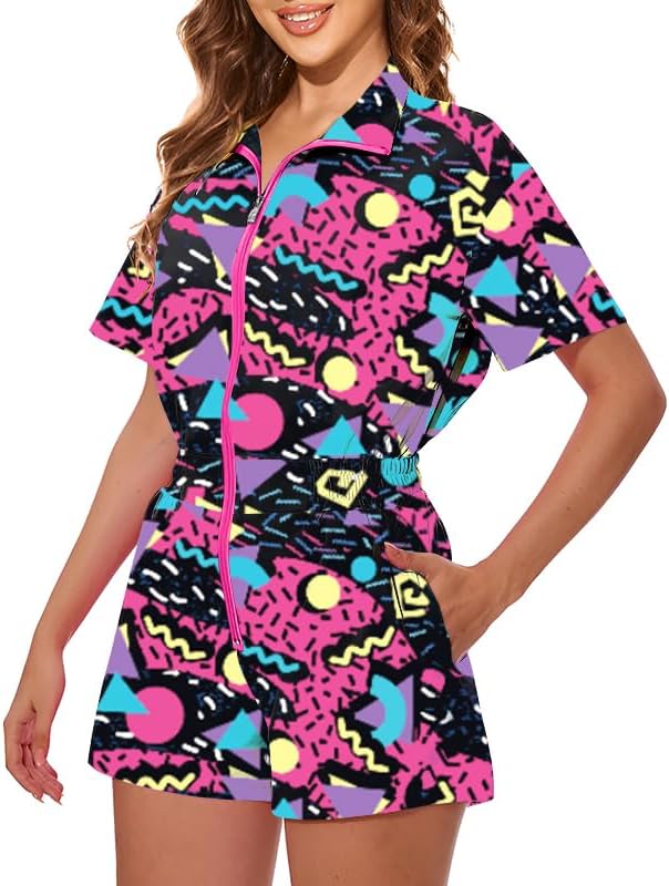 UOUA 80s Outfit Women 90s Jumpsuit Costume One-Piece Workout Track Suit Party Retro Clothing