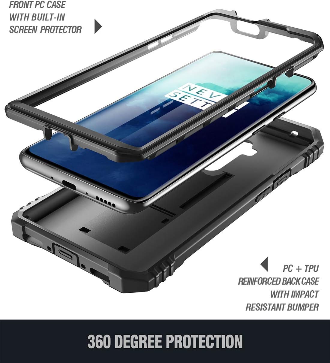 Poetic Revolution Series Designed for OnePlus 7T Pro/OnePlus 7 Pro, Full-Body Rugged Dual-Layer Shockproof Protective Cover with Kickstand and Built-in-Screen Protector, Black