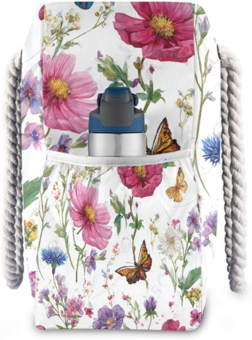 OTVEE Watercolor Wildflowers_and Butterflies Beach Bags for Women Ladies Large Canvas Tote Shoulder Bag Waterproof Travel Bags for Gym Swim Pool Camping