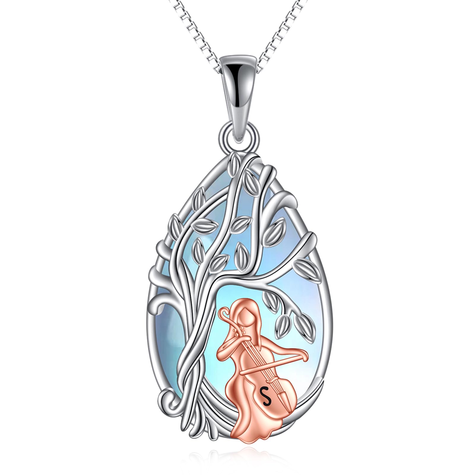 YAFEINI Collar de violonchelo para mujer, plata de ley, collar de piedra lunar, joyería de violonchelo, regalos para niñas, Piedra lunar de imitación