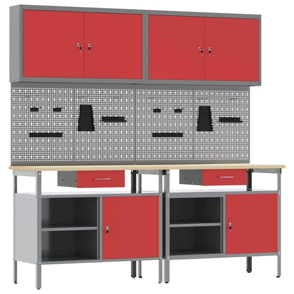 Ensemble d'établi en acier revêtu par pulvérisation rouge et gris, 8 pièces avec espace de rangement, tiroirs, cloison perforée et armoire à outils pour atelier, garage et salle de loisirs