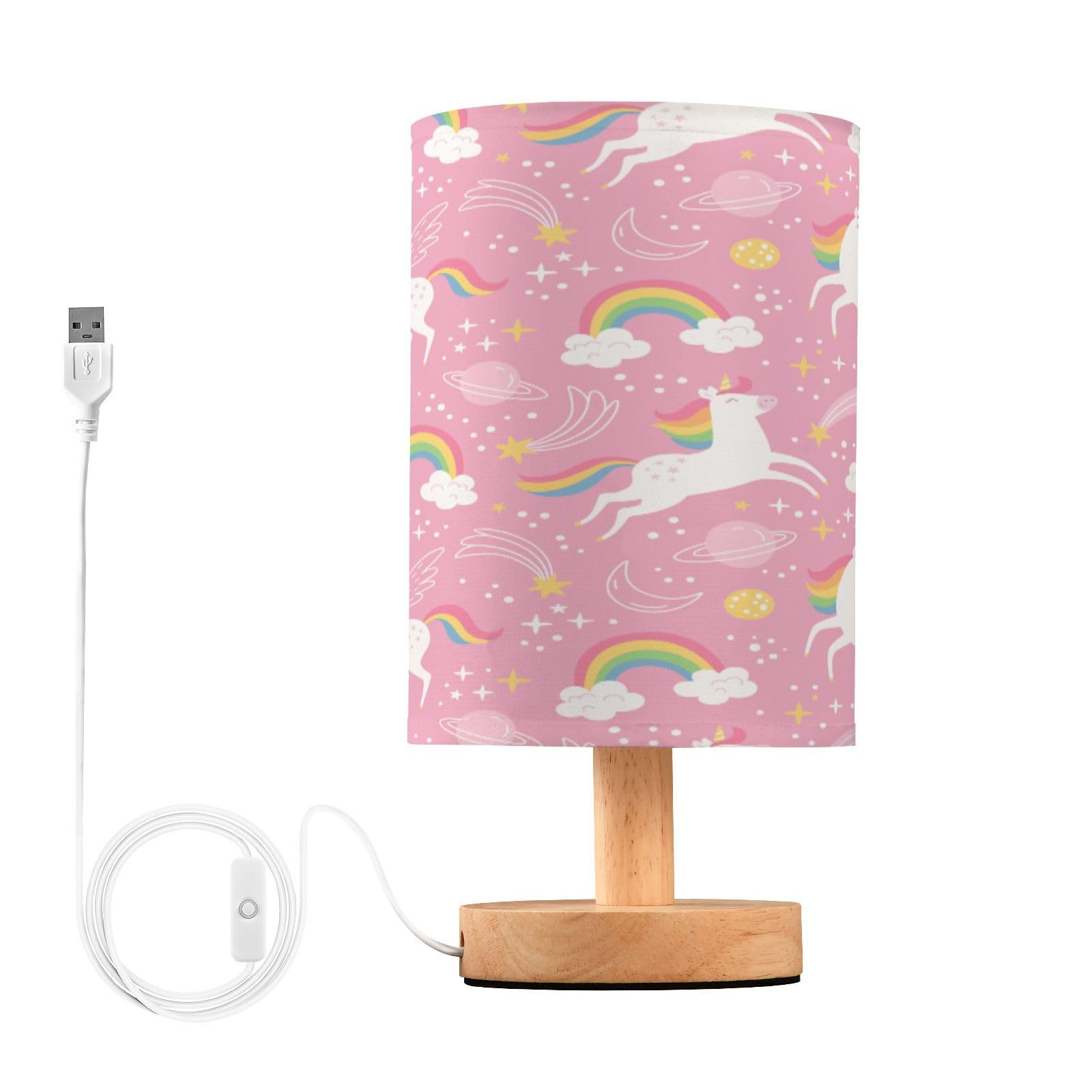 xigua Galaxy Unicorn Rainbow Bedside Table Lamp, Nightstand Lamp with Linen Fabric Shade - Wooden LED Desk Lamps for Bedrooms, Study Room, Home, College Dorm, Office
