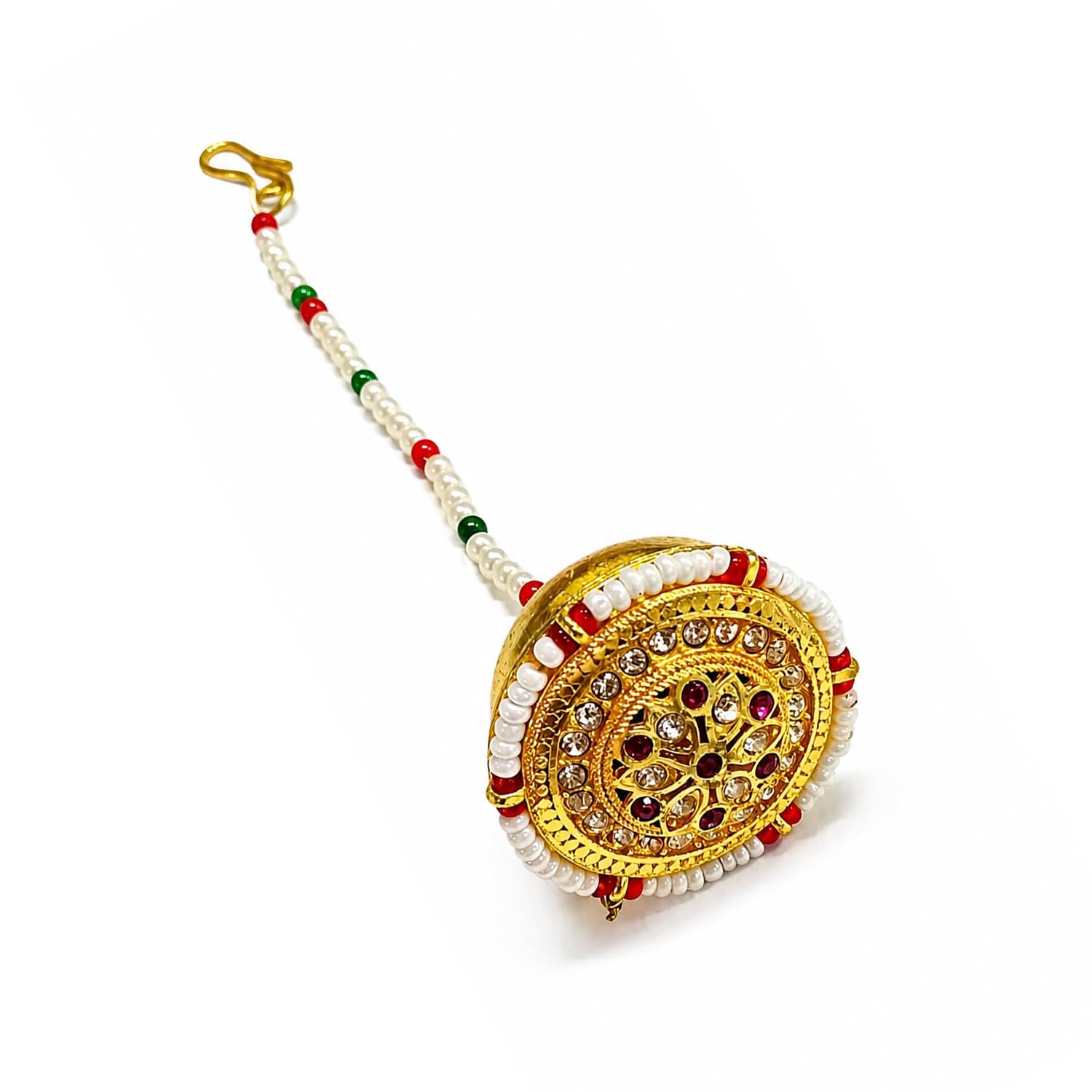 vama FASHIONS Traditional Gold Plated Maang Tikka Sheeshpatti Motif Circular Bell Bor Tikka White Beads Ruby Stones Maang Tikka Hair Accessory for Women & Girls-picture-11