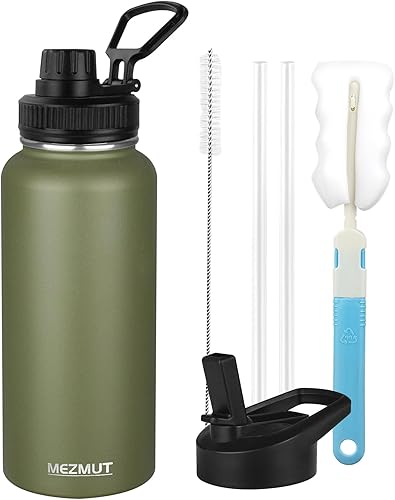 MEZMUT Botellas de agua de acero inoxidable de 32 onzas con aislamiento con popote y 3 tapas, botella de agua deportiva de doble pared, termo de