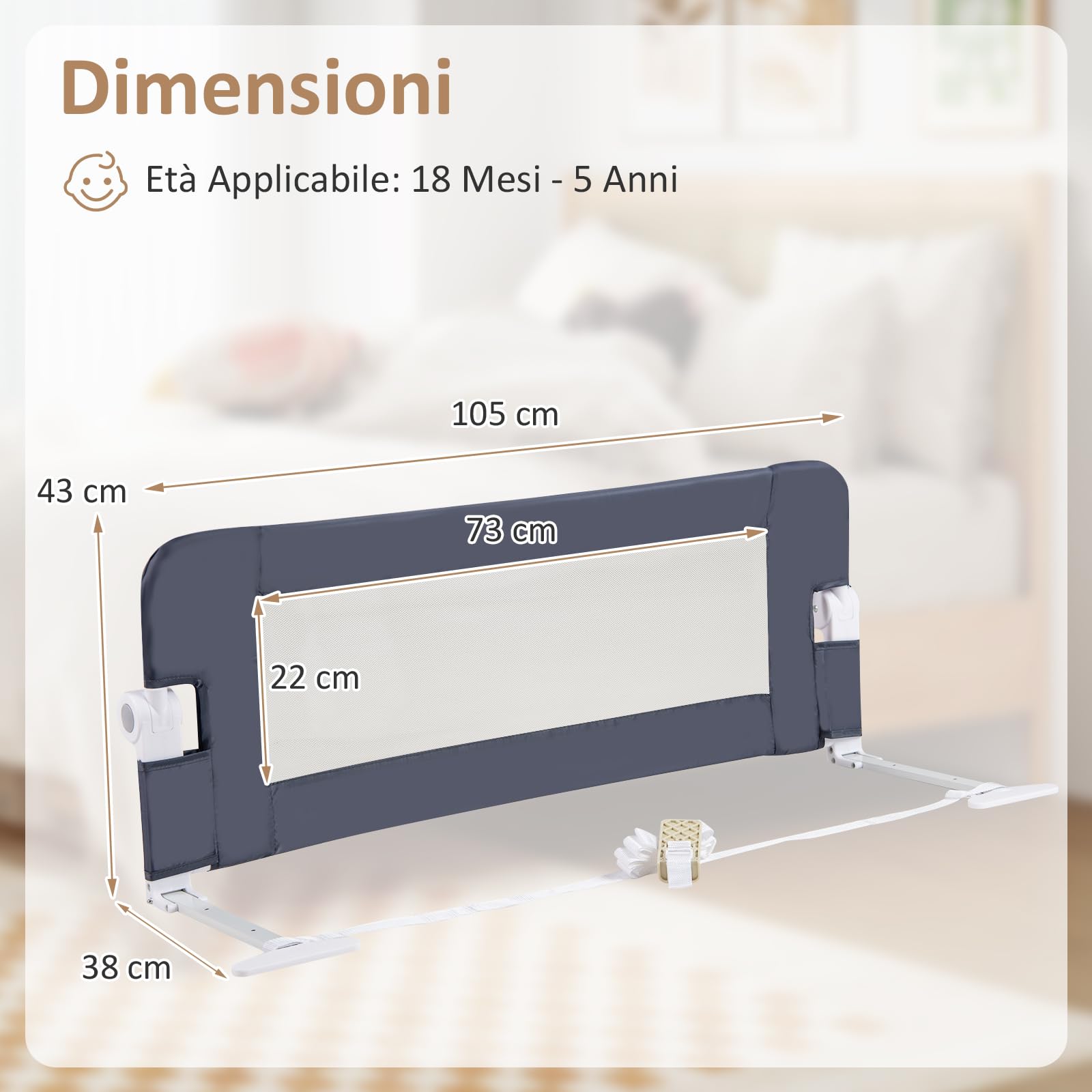 RELAX4LIFE Sponda Letto per Bambini 105/120/150cm, Barriera di Sicurezza, Traspirante e Pieghevole, Sbarra Letto per Letti Singoli e Matrimoniali (Grigio Scuro,105x38x43cm)