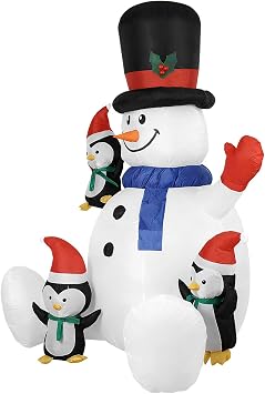 Christmas Snowman Blow Up - Holiday Inflatable RGB LED Lights Ornament with 3 Penguins | Blow Up Christmas Sitting Snowman | for Lawn Garden Yard Porch Patio Family Photography Indoor Outdoor