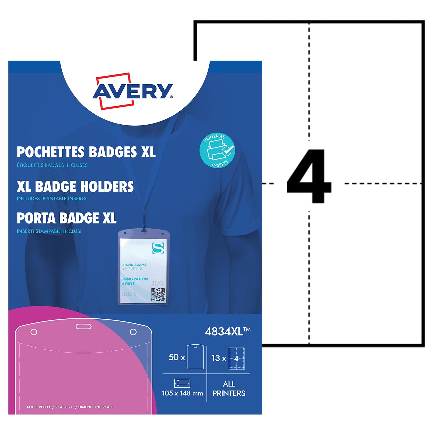 Avery Italia 4834XL 50 porta badge trasparenti A6, 52 inserti carta FSC® stampabili laser e inkjet